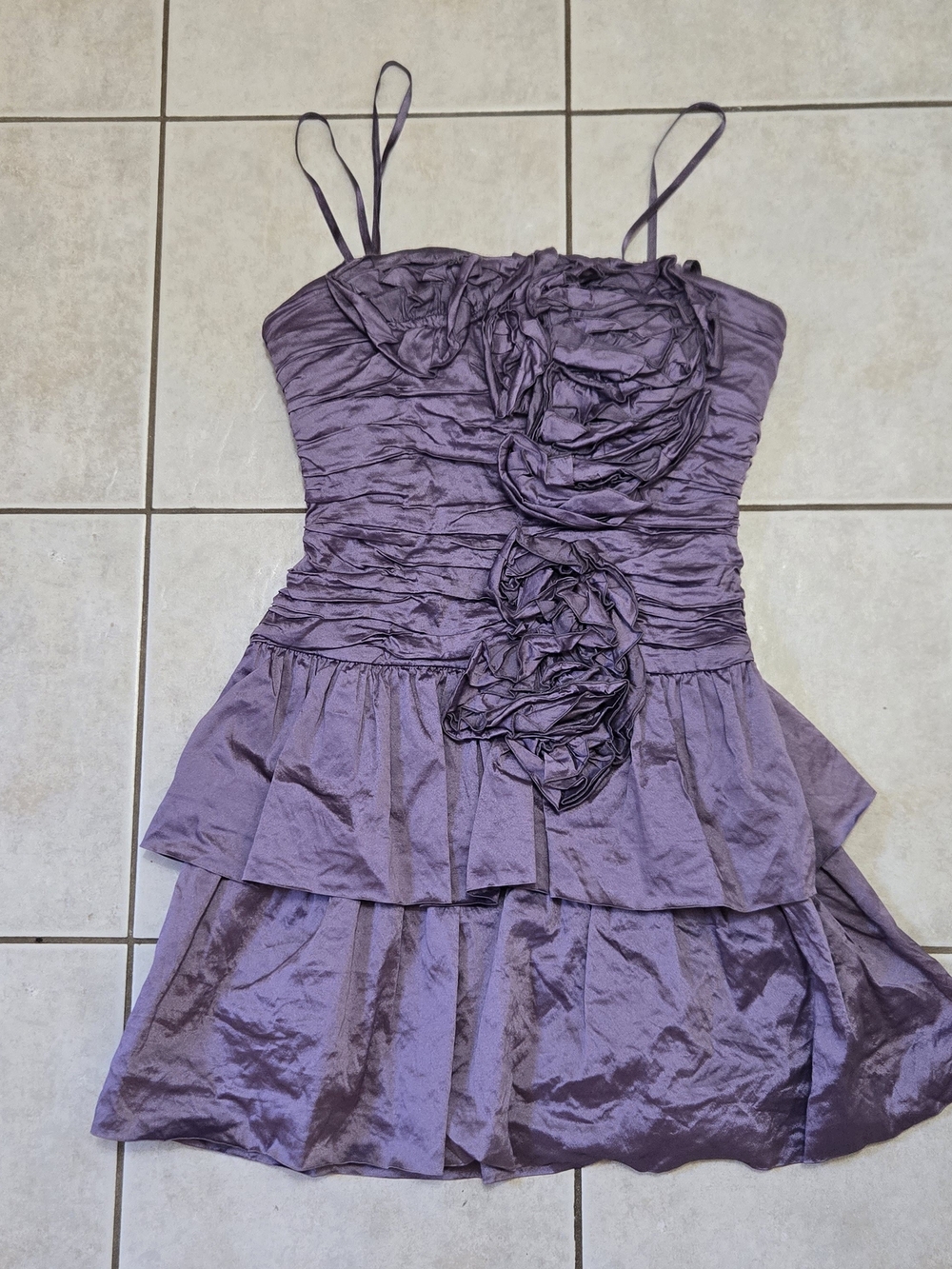 BCBGMaxAzria Lilac Ruched Tiered Mini Dress with Rosette Detail